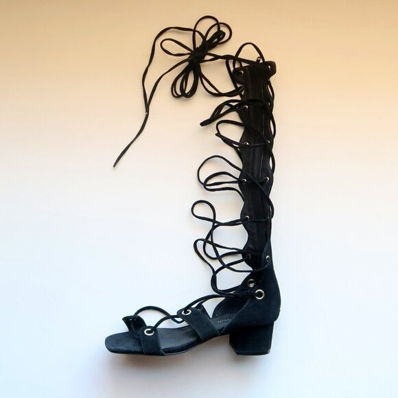 Jeffrey Campbell Bryndis Black Suede Leather Block Heel Lace-up Gladiator Sandal - Picture 6 of 13
